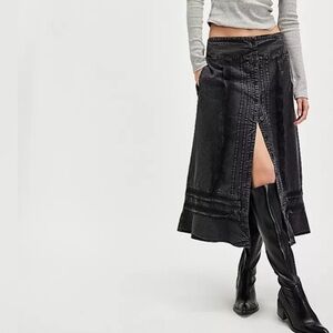 Free People Washed Black Whitney Lace Trim Prairie Western Midi Skirt NWOT